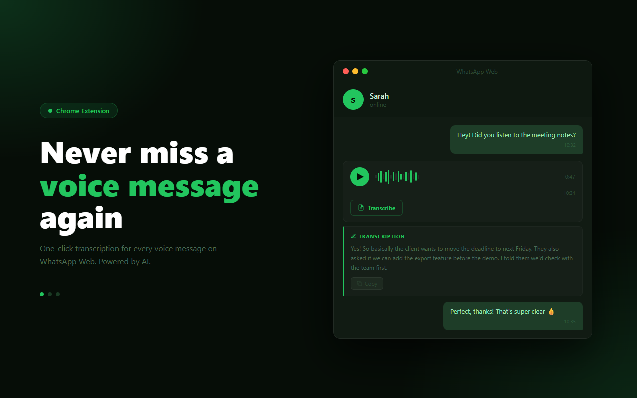 WhatsApp voice message transcribed to text inside WhatsApp Web using WAudioTranscriber