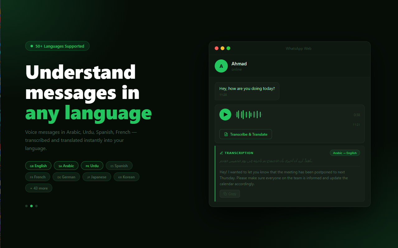 WhatsApp voice message translated from Arabic to English with transcription and translation